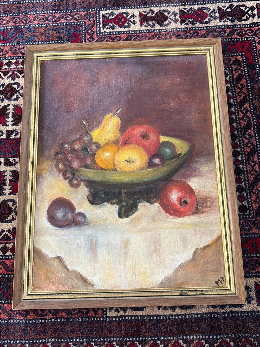 Still Life Fruit vintage framed Painting on board in Warm Red and Gold Tones